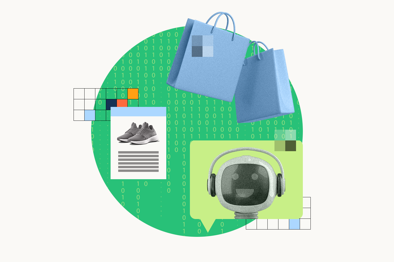 An AI robot next to a web browser displaying a pair of running shoes and two shopping bags